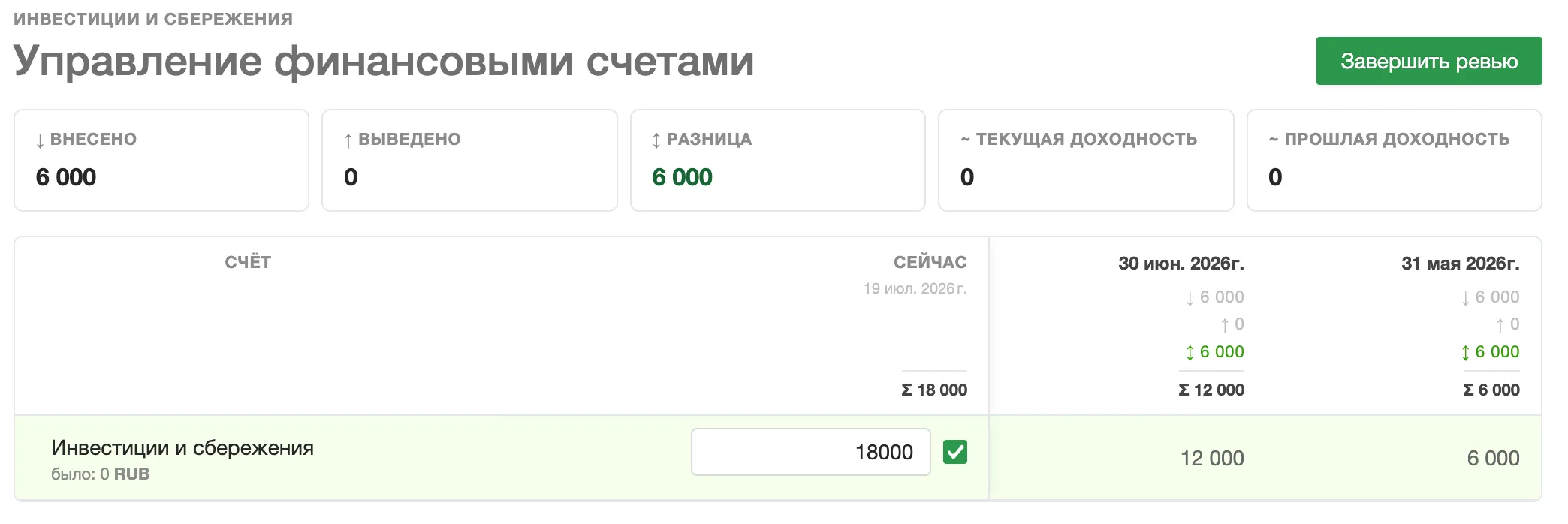 Рабочая область ревью финансов: ввод фактического остатка по счёту, расчётный остаток, разница и кнопка подтверждения.